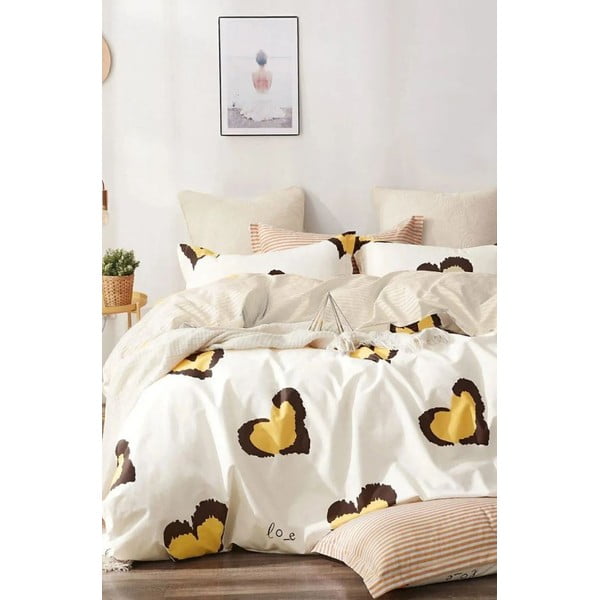 Lenjerie de pat galbenă din bumbac ranforcé pentru pat dublu/extinsă cu cearceaf inclus/cu 4 piese 200x220 cm Double Heart – Mila Home