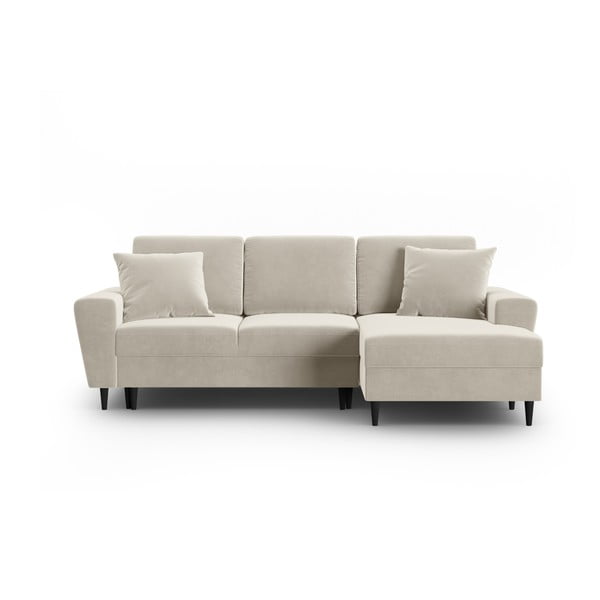 Colțar bej extensibil, cu spațiu de depozitare cu tapițerie din catifea (cu colț pe partea dreaptă, cu șezlong) Kyoto – Cosmopolitan Design