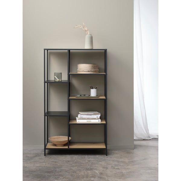 Bibliotecă neagră/în culoare naturală cu aspect de lemn de stejar 80x146x35 cm Altino – Unique Furniture-image-1