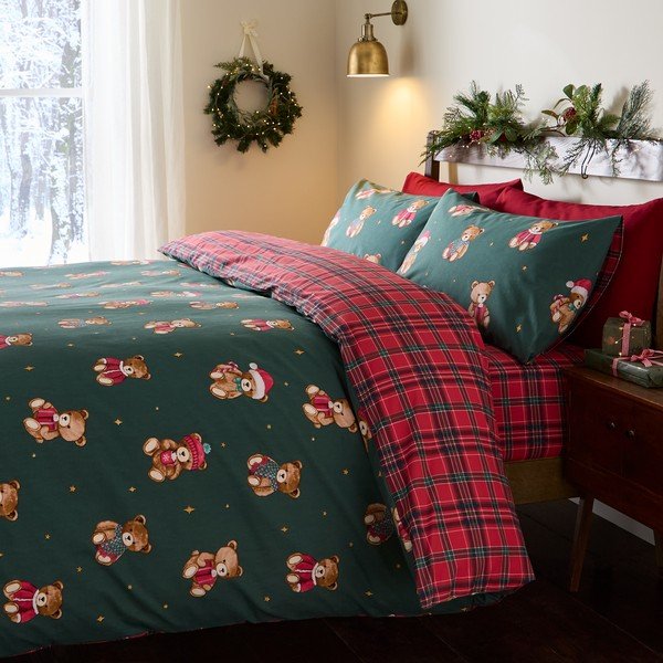 Lenjerie de pat roșie/verde-închis pentru pat de o persoană 150x120 cm Christmas Tartan Teddy Bear – Catherine Lansfield