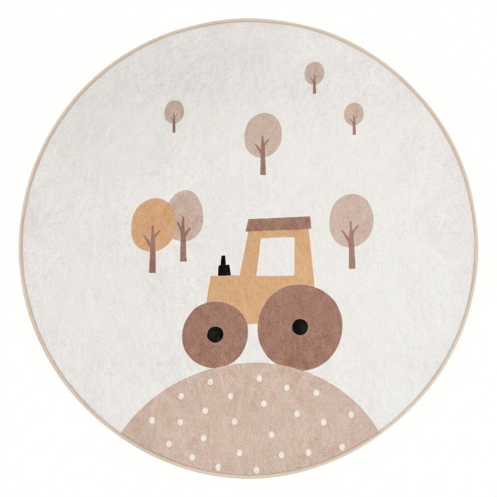 Covor pentru copii bej lavabil ø120 cm Tractor World – Mila Home