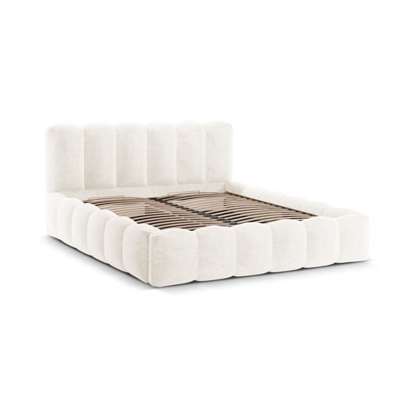 Pat matrimonial crem tapițat cu spațiu de depozitare cu somieră 180x200 cm Lupine – Micadoni Home