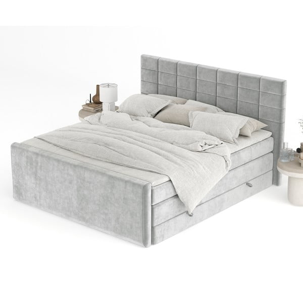 Pat boxspring gri deschis cu spațiu de depozitare 200x200 cm Ava – Maison de Rêve-image-4