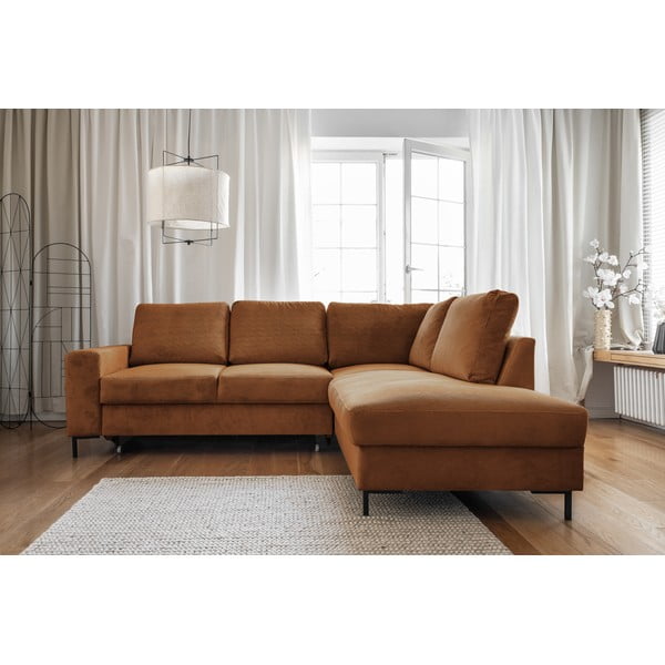 Colțar portocaliu/maro extensibil cu tapițerie din catifea reiată  (cu colț pe partea dreaptă) Lofty Lilly – Miuform-image-1