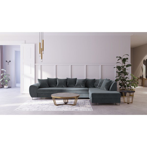 Colțar extensibil din catifea Kooko Home Calmato, colț pe dreapta, gri-image-1