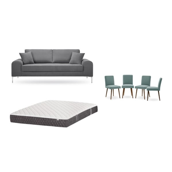 Set canapea gri închis cu 3 locuri, 4 scaune gri-verde, o saltea 160 x 200 cm Home Essentials