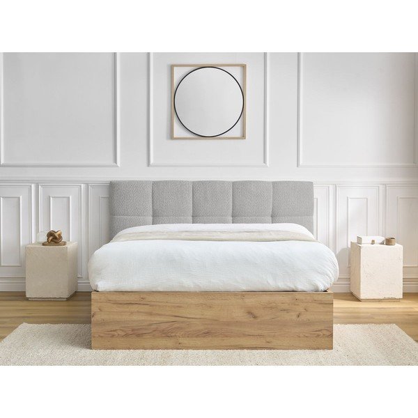 Pat matrimonial gri tapițat/din  placă aglomerată de lemn tapițat cu spațiu de depozitare cu somieră 180x200 cm Kumo – Bobochic Paris-image-3