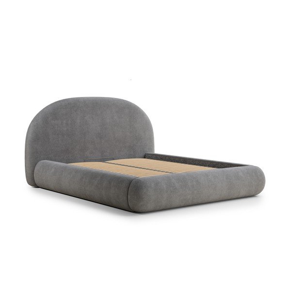 Pat matrimonial gri tapițat cu spațiu de depozitare cu somieră 160x200 cm Maumere – Maison de Rêve