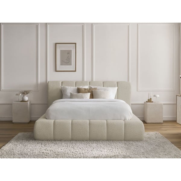 Pat matrimonial bej tapițat cu spațiu de depozitare cu somieră 180x200 cm Denali – Bobochic Paris-image-1