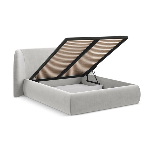 Pat matrimonial gri deschis tapițat cu spațiu de depozitare cu somieră 180x200 cm Hauke – Makamii-image-2