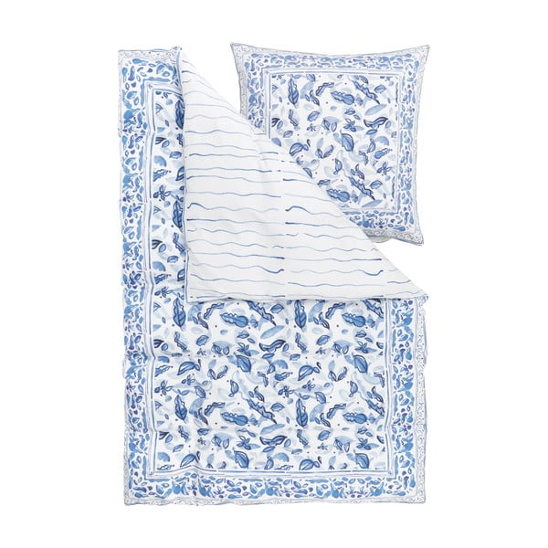 Lenjerie de pat din bumbac satinat Westwing Collection Ryle, 155 x 220 cm, albastru-alb