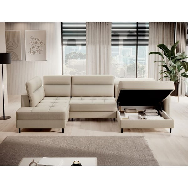 Colțar bej extensibil/cu spațiu de depozitare cu tapițerie din catifea (cu colț pe partea stângă/în formă de "U") Berrto – ELTAP-image-3