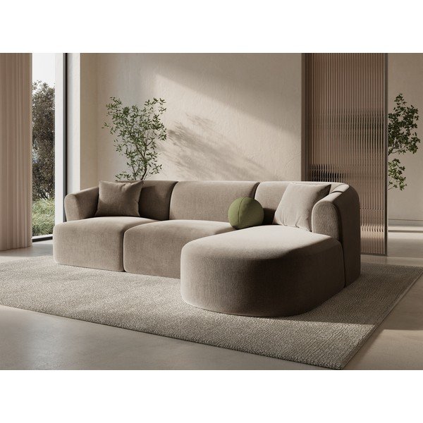 Colțar maro deschis cu tapițerie din catifea (cu colț pe partea dreaptă/cu șezlong) Campi – Cosmopolitan Design-image-1