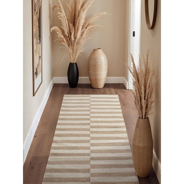 Covor tip traversă alb/maro deschis reversibil/țesut manual din lână 80x200 cm Vika – Hanse Home-image-1