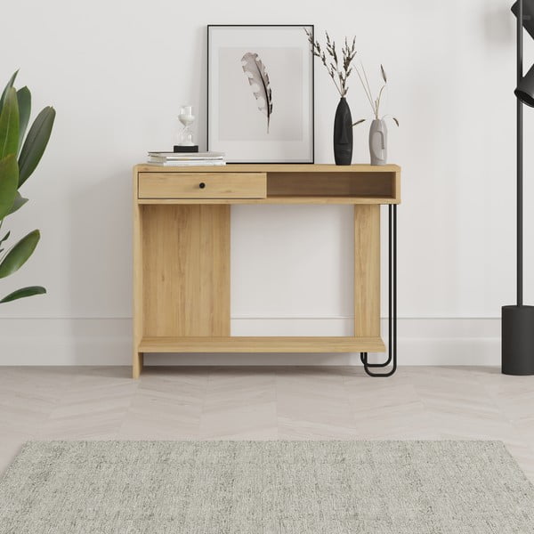 Masă consolă în culoare naturală cu blat cu aspect de lemn de stejar 35x100 cm Saturne – Marckeric-image-1