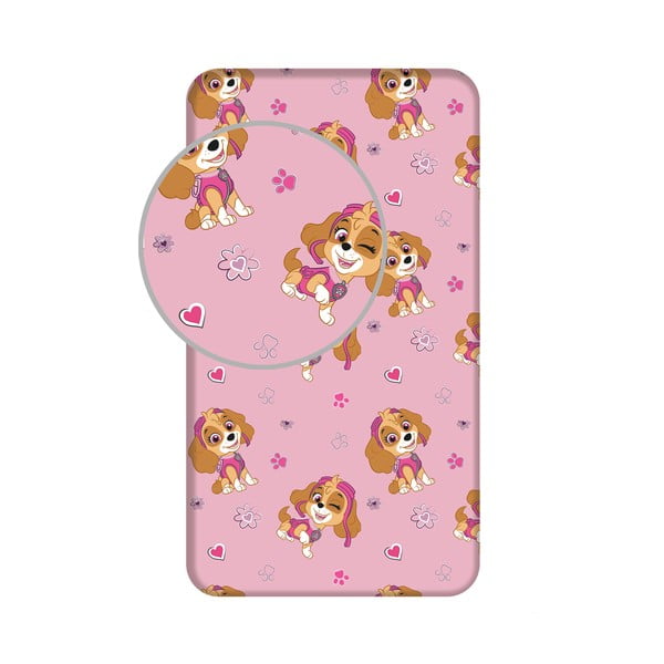 Cearceaf pentru copii roz din bumbac pentru pat de o persoană cu elastic 90x200 cm Paw Patrol – Jerry Fabrics