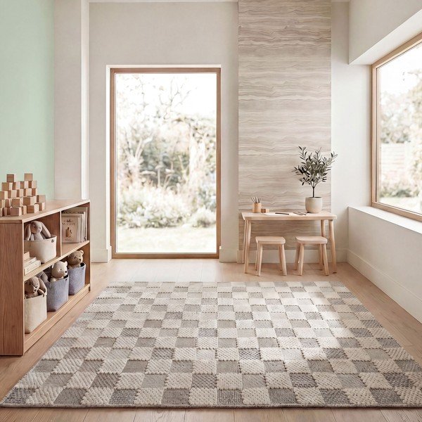 Covor verde lavabil din amestec de bumbac 116x170 cm Muted Checkerboard – Flair Rugs-image-3