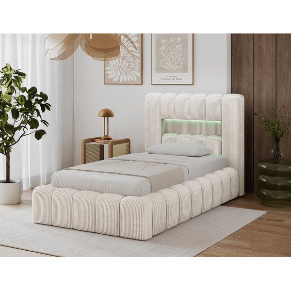 Pat bej tapițat cu spațiu de depozitare cu somieră 90x200 cm Lamica – ELTAP-image-3