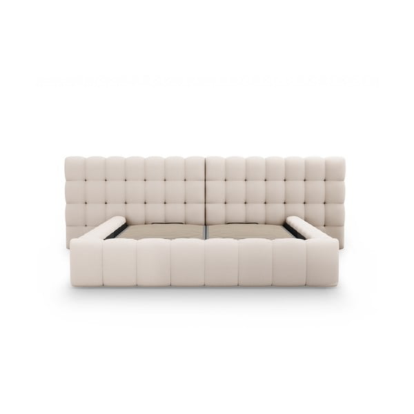 Pat matrimonial bej tapițat cu spațiu de depozitare cu somieră 160x200 cm Mamaia – Micadoni Home-image-4