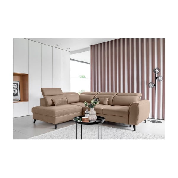 Colțar maro deschis extensibil/cu spațiu de depozitare cu tapițerie din catifea (cu colț pe partea stângă/în formă de ”L”) Noble – ELTAP-image-1