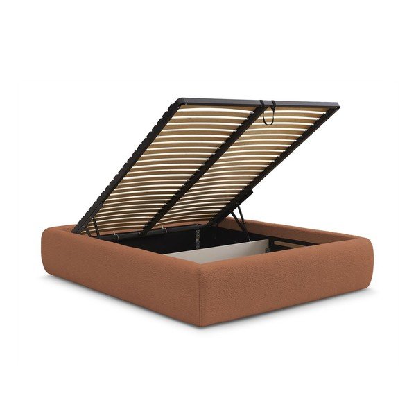 Pat matrimonial portocaliu tapițat cu spațiu de depozitare/fără tăblie cu somieră 160x200 cm Inera – Bobochic Paris-image-3