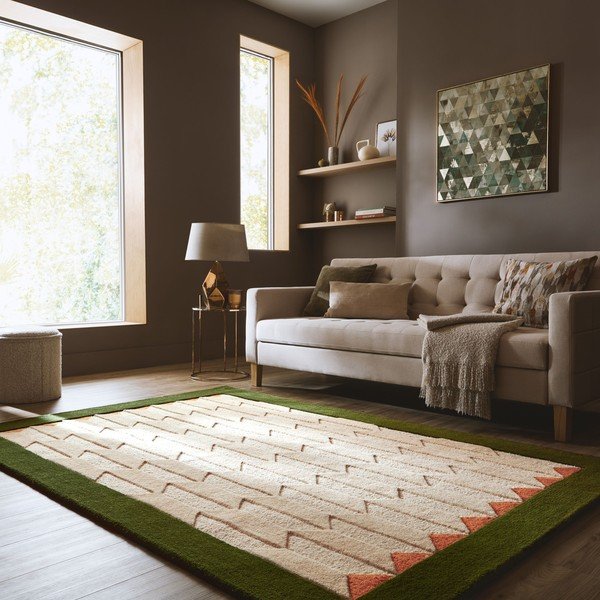 Covor verde/în culoare naturală țesut manual din lână 120x170 cm Apex Border Wool – Flair Rugs-image-1