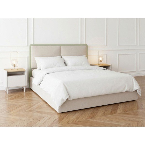 Pat matrimonial bej tapițat cu spațiu de depozitare cu somieră 180x200 cm Mara – Bobochic Paris-image-2