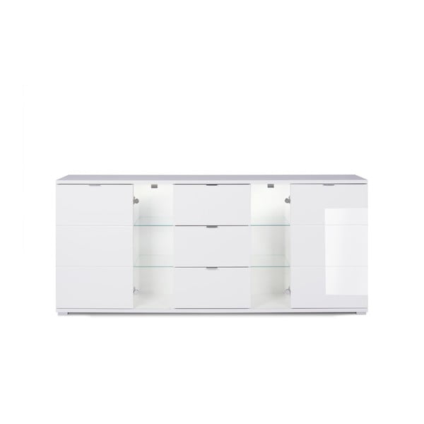 Comodă cu elemente din sticlă, 3 sertare și iluminare LED Intertrade Glossy, alb lucios