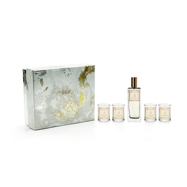 Set 4 lumânări parfumate și parfum de casă, în cutie de cadou, cu aromă de gardenie și crini Bahoma London