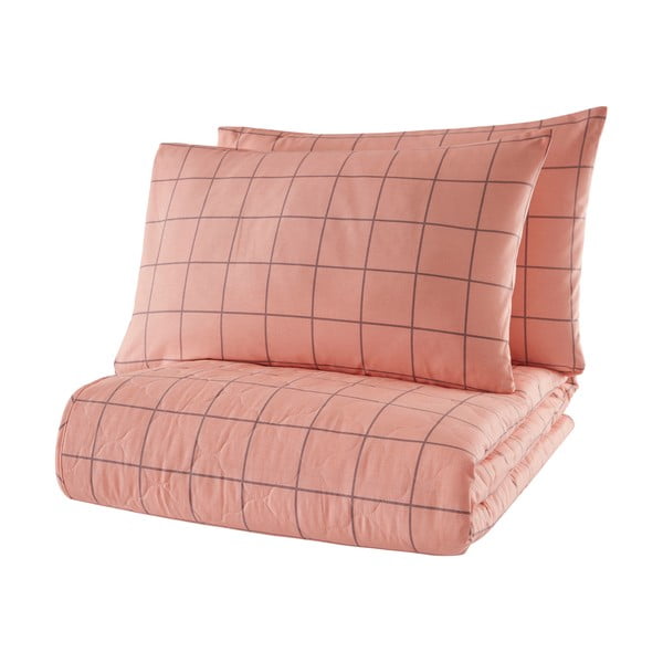 Cuvertură de pat cu 2 fețe de pernă din bumbac ranforce Mijolnir Piga, 225 x 240 cm, roz