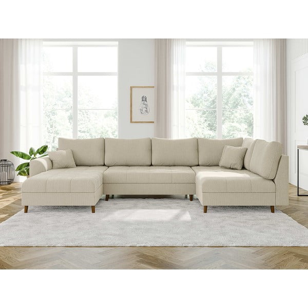 Colțar crem cu tapițerie din catifea reiată  (colț stânga /în formă de "U") Ariella – Ropez-image-1