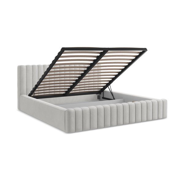 Pat matrimonial argintiu tapițat cu spațiu de depozitare cu somieră 180x200 cm Lemi – Makamii-image-3