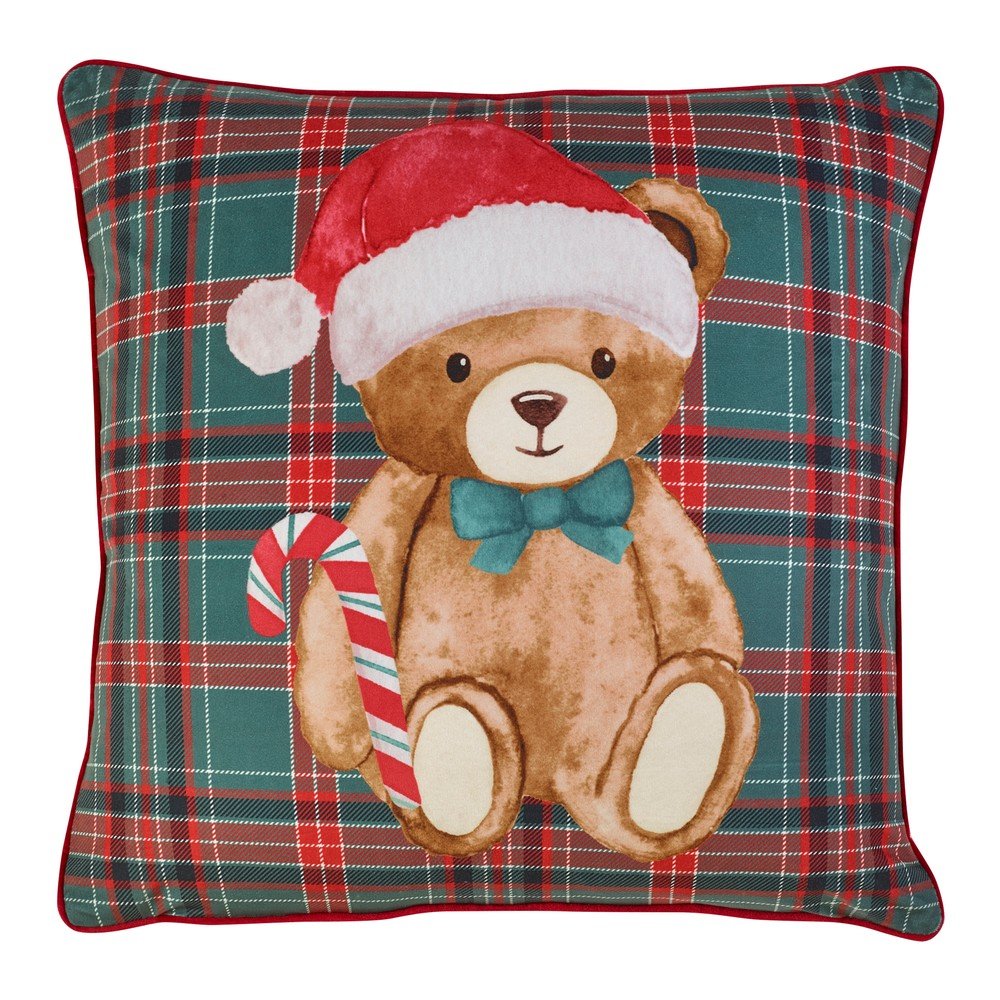 Pernă decorativă 45x45 cm cu model de Crăciun Christmas Tartan Teddy Bear – Catherine Lansfield