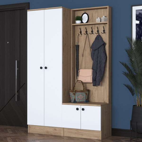 Set mobilier pentru hol alb/cu aspect de lemn de nuc Theresa – Kalune Design-image-2