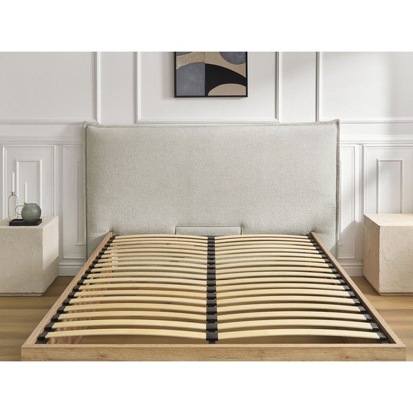 Pat matrimonial crem tapițat/din  placă aglomerată de lemn tapițat cu spațiu de depozitare cu somieră 160x200 cm Charlie – Bobochic Paris-image-4
