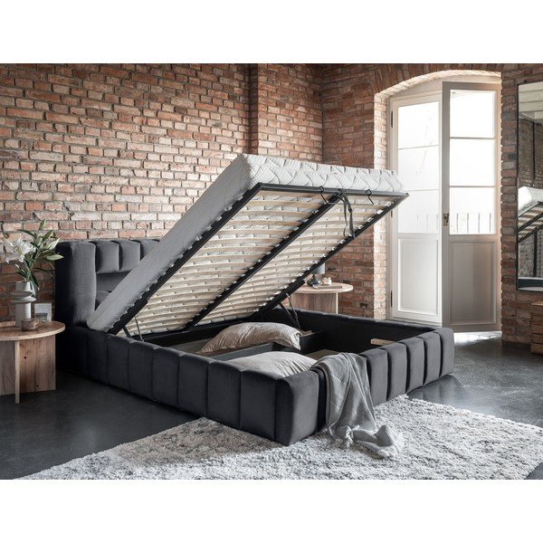 Pat matrimonial gri tapițat cu spațiu de depozitare cu somieră 180x200 cm Lamica – ELTAP-image-4