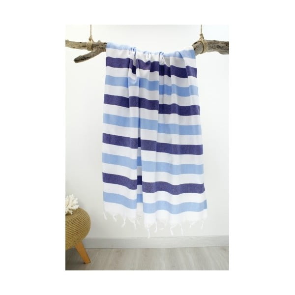 Prosop cu dungi Hammam Rainbow Style, 100 x 180 cm, alb - albastru