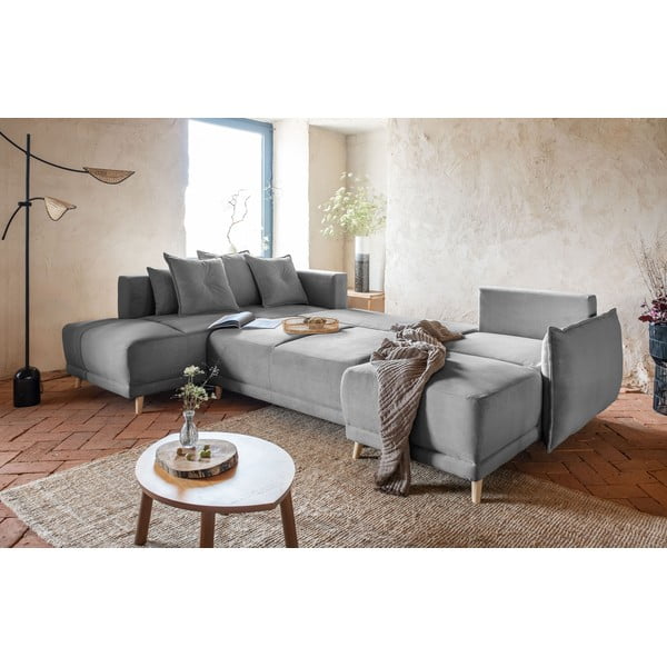 Colțar gri extensibil cu tapițerie din catifea reiată  (colț stânga/în formă de "U") Lazy Lukka – Miuform-image-1