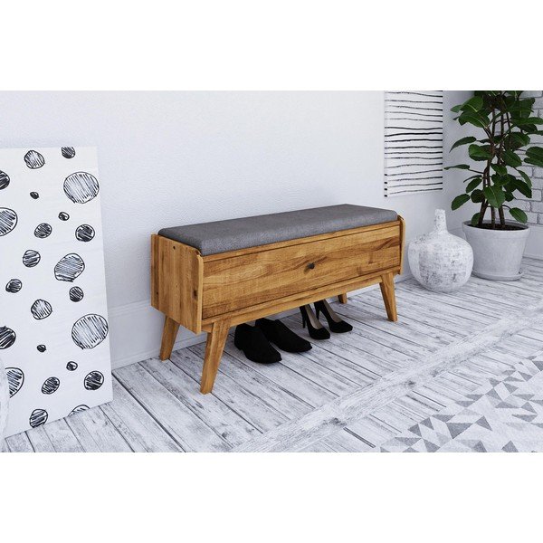 Bancă cu spațiu de depozitare din lemn de stejar cu șezut gri deschis Retro - The Beds-image-1