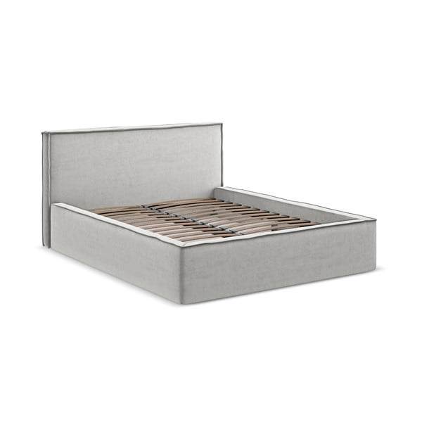 Pat matrimonial gri deschis tapițat cu spațiu de depozitare cu somieră 160x200 cm Anani – Makamii