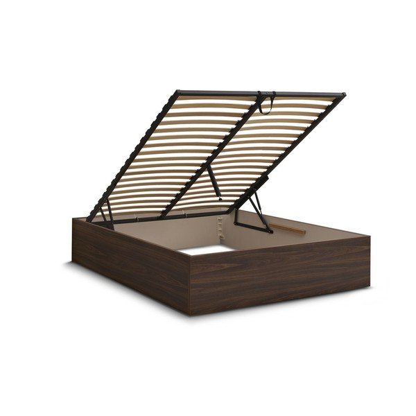 Pat matrimonial maro închis din  placă aglomerată de lemn cu aspect de lemn de mesteacăn cu spațiu de depozitare/fără tăblie cu somieră 140x190 cm Mara – Bobochic Paris-image-2