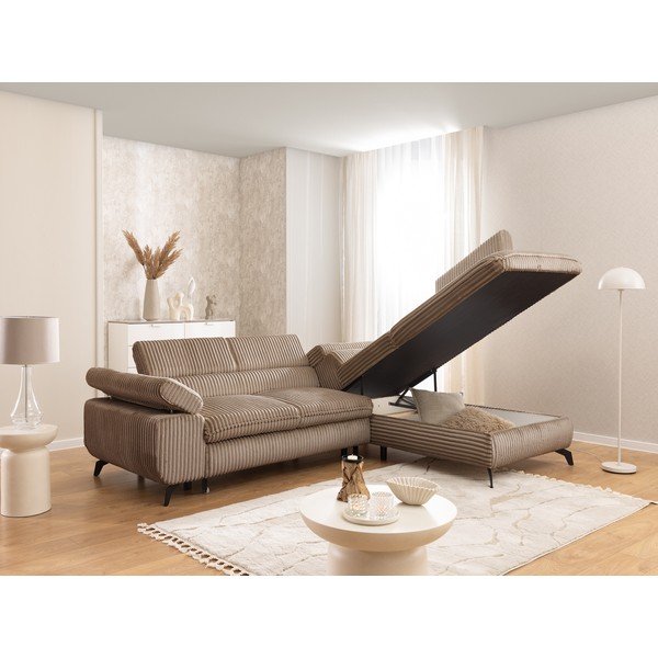 Colțar maro cu tapițerie din catifea reiată  (cu colț pe partea dreaptă/în formă de ”L”) Marbeya  – Ropez-image-4