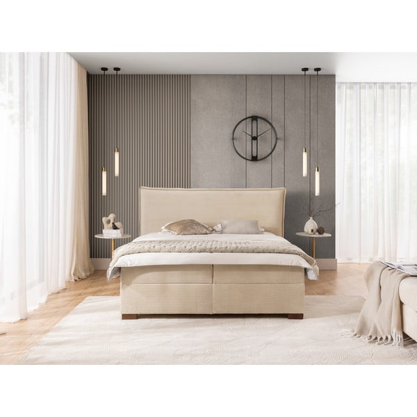 Pat boxspring bej cu spațiu de depozitare 160x200 cm Lysa – Ropez-image-4