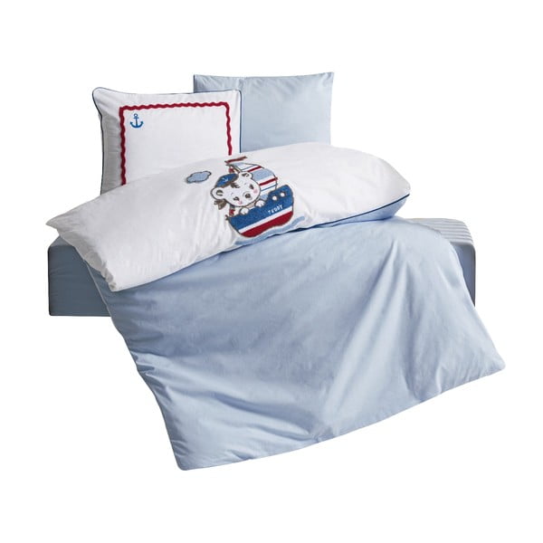 Lenjerie de pat pentru copii albă-albastră din bumbac pentru pătuț cu cearceaf inclus, cu 4 piese 100x150 cm Miniyo – Mijolnir