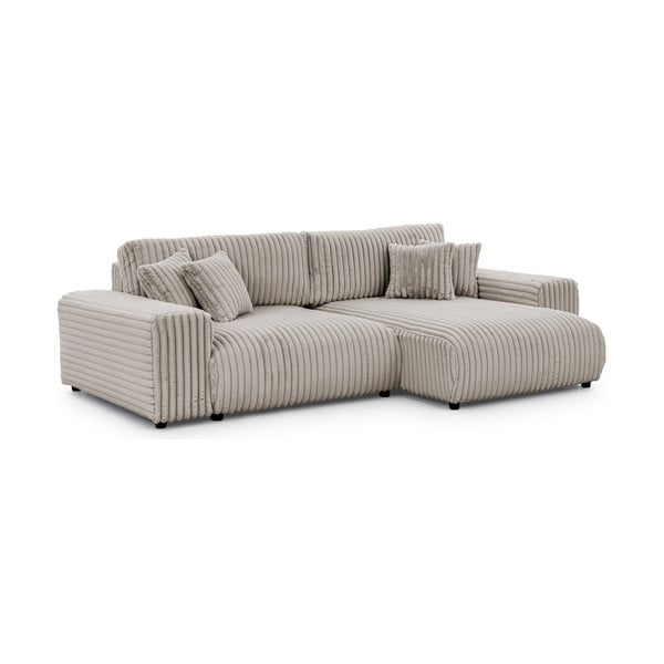 Colțar gri deschis extensibil, cu spațiu de depozitare, cu tapițerie din catifea reiată  (cu colț pe partea dreaptă) Sarina – Ropez