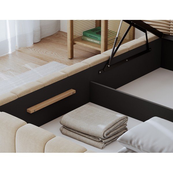 Pat matrimonial bej tapițat cu spațiu de depozitare cu somieră 160x200 cm Lamica – ELTAP-image-4