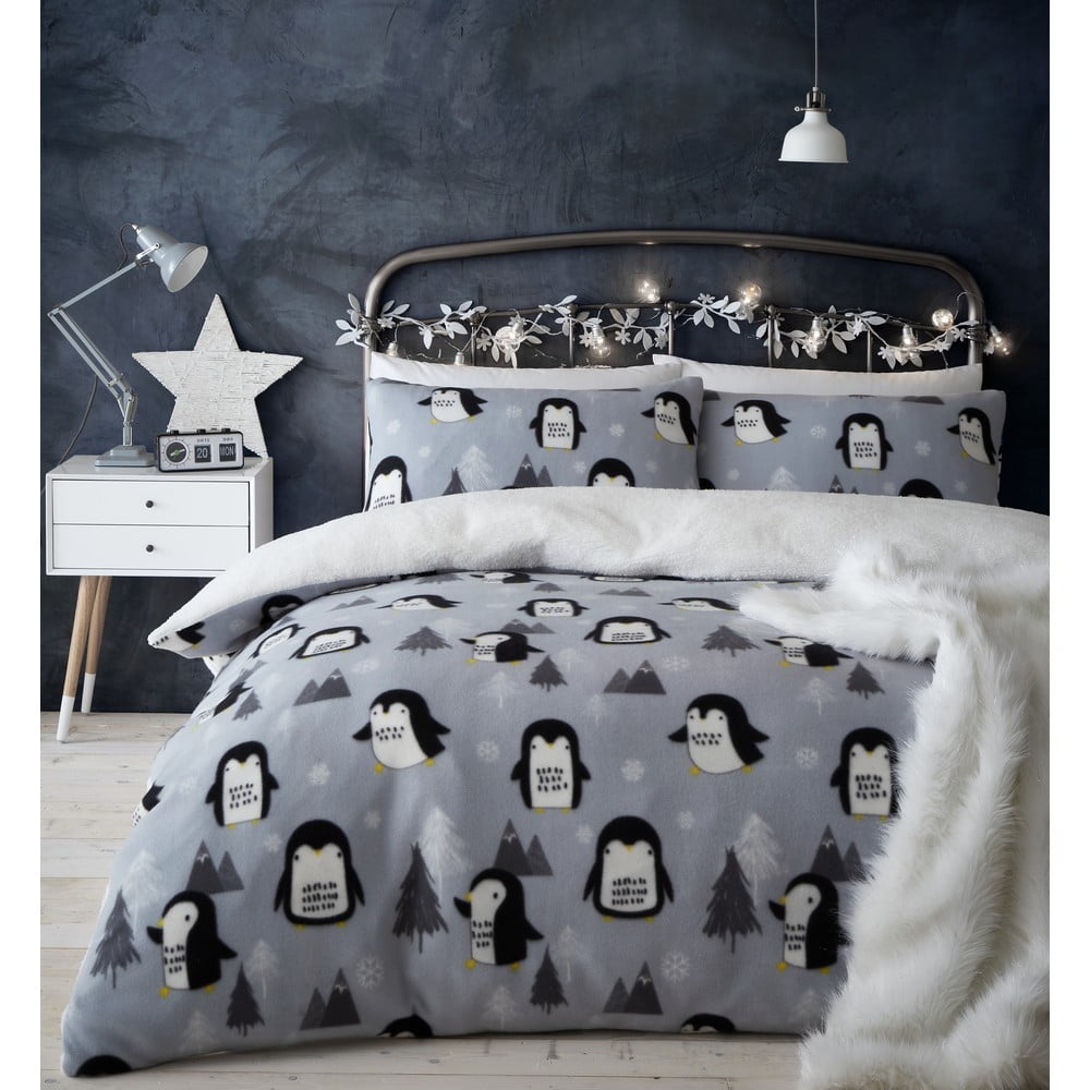 Lenjerie de pat din fleece gri 200x135 cm Cosy Penguin - Catherine Lansfield