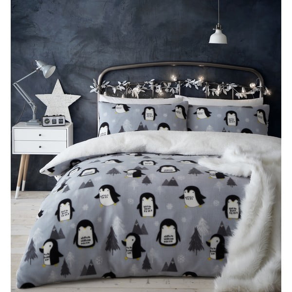 Lenjerie de pat din fleece gri 200x200 cm Cosy Penguin - Catherine Lansfield