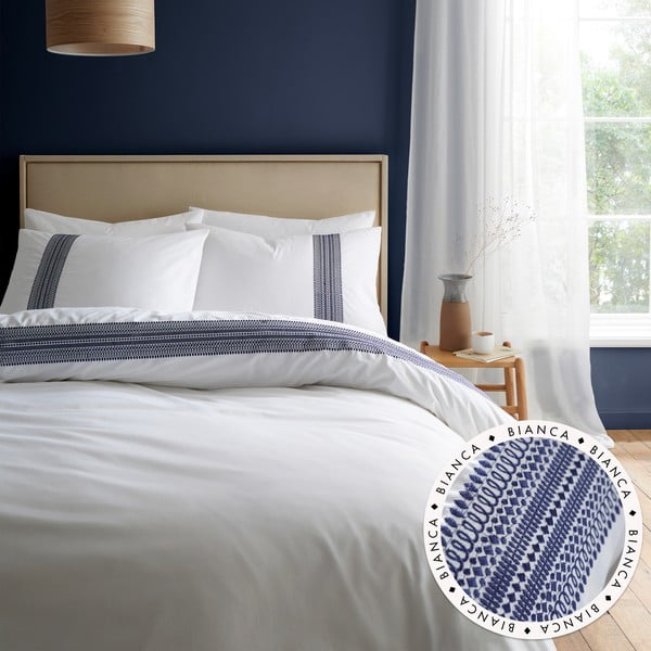 Lenjerie de pat albă/albastră din bumbac pentru pat dublu 200x200 cm Remy Embroidery – Bianca