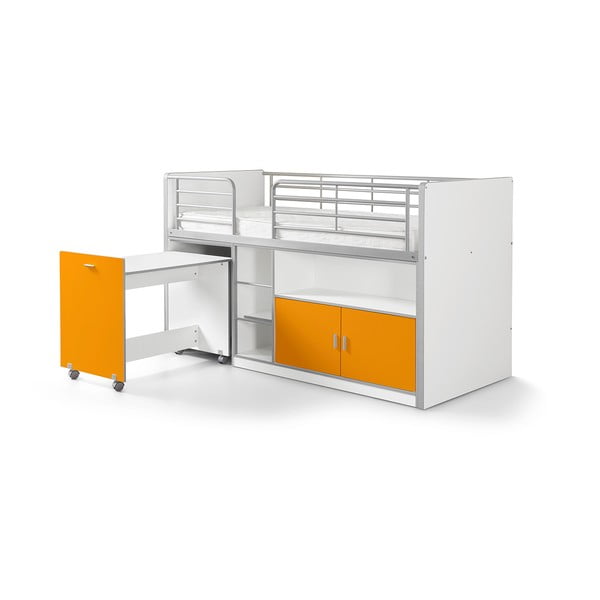 Pat supraetajat cu spațiu pentru depozitare și birou Vipack Bonny, 200 x 90 cm, alb - portocaliu